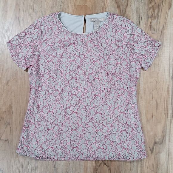 🔹️Banana Republic Gray & Pink Floral Lace Overlay Sheer Short Sleeved Top Small - Picture 1 of 10